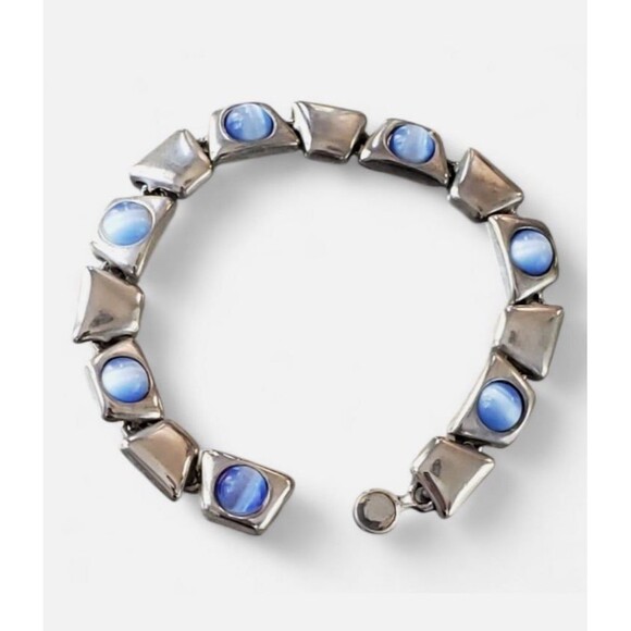 Vintage Faux Blue Cats Eye Silver Tone 7½" Magnetic Clasp Link Bracelet Classic - Picture 4 of 10